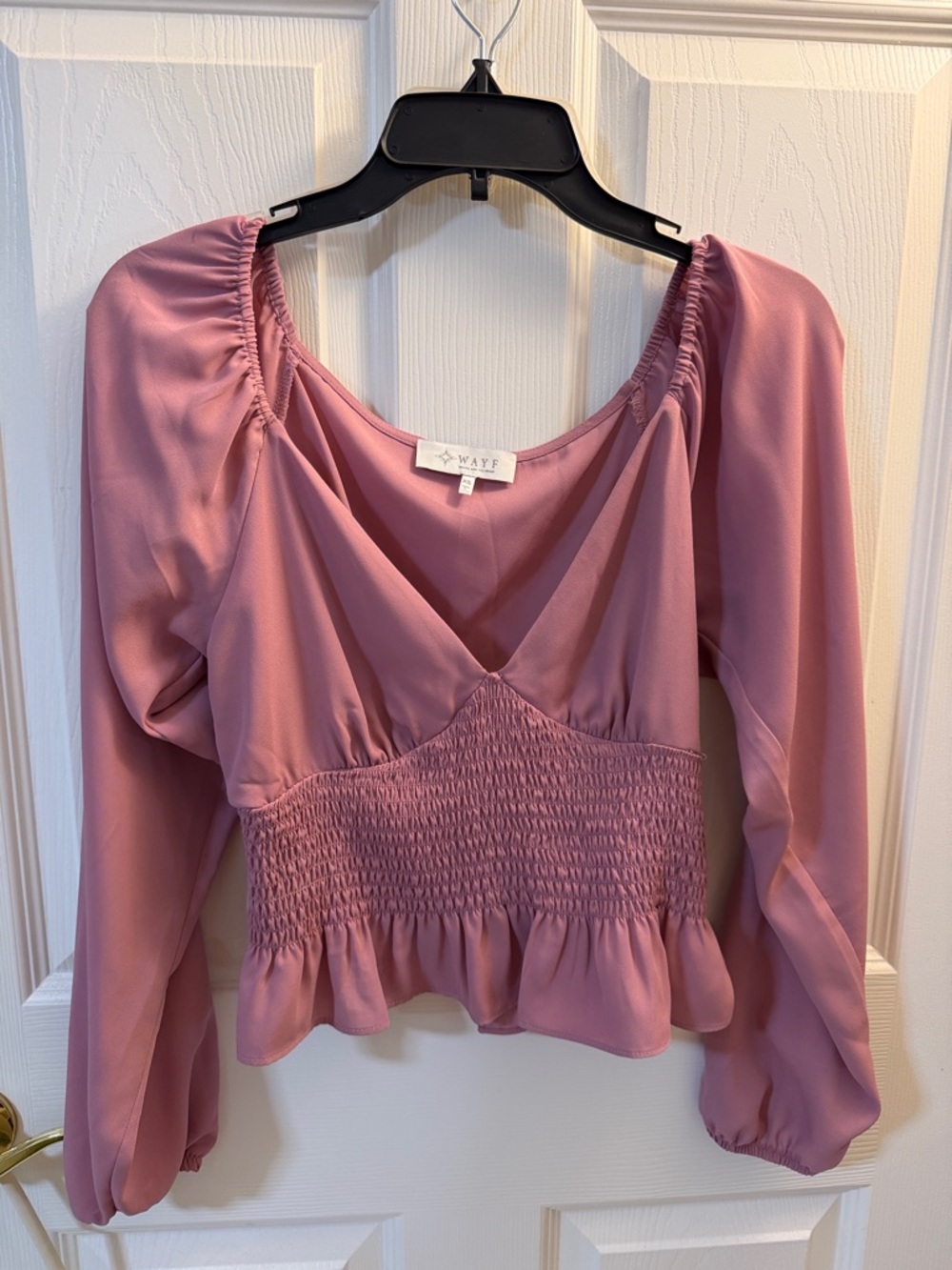 Wayf Dusty Rose Long Sleeve Smocked Peplum Blouse